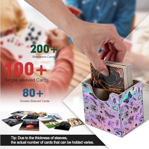 Card Deck Box, Card Storage Box Fits 100+ Single Sleeved Cards, Large Capacity PU Leather Card Storage Box with Strong Magnet for Magic Commander TCG CCG, Cute Iridescent Butterfly - color: Cute Iridescent Butterfly