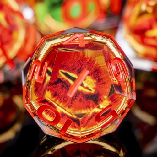 Magic Golden Ring DND Dice Set Sharp Edge Red Gaze Eye Resin Dice with Box, for use with RPG D&D Tabletop Games Lord D and D Polyhedral Dice Set - color: Ring -Eye-red Numbers