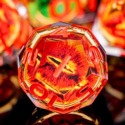 Magic Golden Ring DND Dice Set Sharp Edge Red Gaze Eye Resin Dice with Box, for use with RPG D&D Tabletop Games Lord D and D Polyhedral Dice Set - color: Ring -Eye-red Numbers