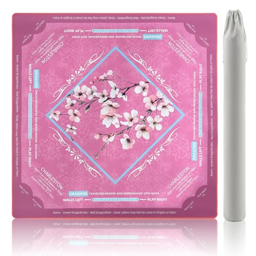 Rollup Shipped American Mahjong Mat with Rules No Crease | 32.6x32.6 inch with Velvet Bag Non Slip Noise Reduction Mahjong Mats with Rules Pink Plum Blossom Design - color: Pink Plum Blossom