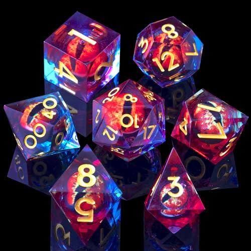 Beholder'S Eye DND Dice- Dragon Eye Liquid Core Sharp Edge Handmade Dice Set for Dungeons and Dragons Ttrpg, Multi-Sided RPG Polyhedral Resin Roleplaying(Blue Red - color: Dragon Eye-blue Red