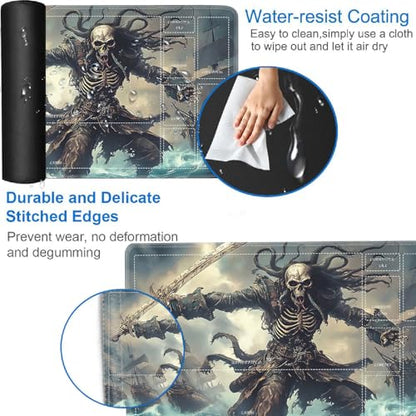 for MTG/TCG Playmat with Zones, 24 x 14 inches Trading Card Playmat with A Storage Bag and 6 Dice, Non-Lip Rubber Bottom Game Desk Mat, Skeleton Pirate - color: Yux-playmats-2-3A-243