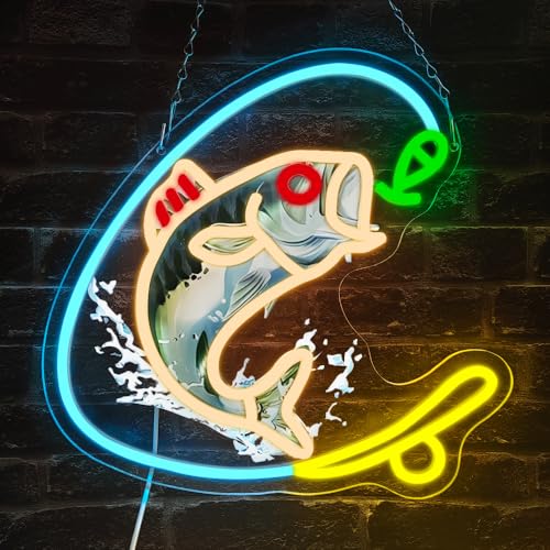 Fishing Neon Sign, Gone Fishing Led Neon Sign Light for Wall Decor Fish Hook Man Cave Light Up Sign Party Decorations for Gear Store Angler Teen Boy Dad Gift Dimmable USB Powered(13.8"*10.6") - style: Fishing