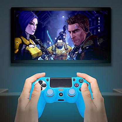 Blue Controller Skin Silicone Grip Glow in Dark Protective Case Compatible with PS4/Slim/Pro Controller with 8 Glow in The Dark Thumb Grips Caps + 2 Cute Cat Paw Thumb Grips Caps. - color: Glow Blue