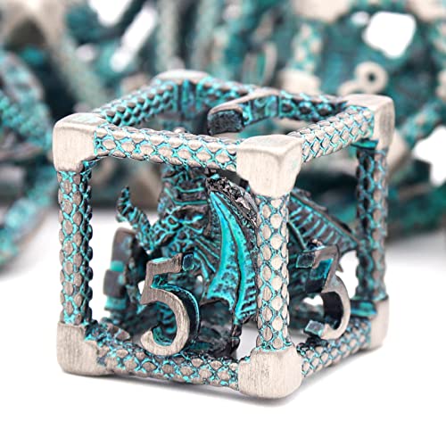 DND Dice Set,3D Hollow Dragon Metal 7-Die,Silver Blue | Solid Copper,Lightweight 68g Dice Set,Easy-to-Read Numbers,Gift Box & Velvet Bag for DND and TTRPG Gaming - color: 3d-sliver Blue