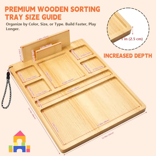 Building Baseplate Table for Lego with Portable Lego Sorting Tray | Wooden Lego building tray featuring 7-compartment brick organizer, instruction holder, lanyard, and portable lego lap table.