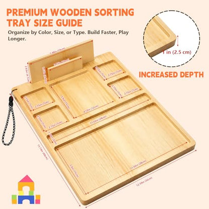 Building Baseplate Table for Lego with Portable Lego Sorting Tray | Wooden Lego building tray featuring 7-compartment brick organizer, instruction holder, lanyard, and portable lego lap table.