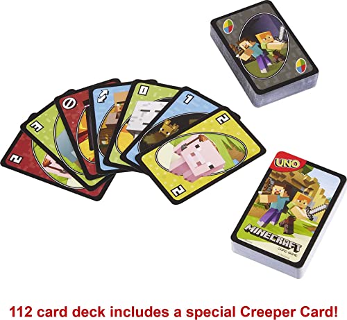 Mattel Games UNO Card Game, Gifts for Kids and Family Night, Themed to Minecraft Video Game, Travel Games, Storage Tin Box (Amazon Exclusive) - style: UNO Minecraft