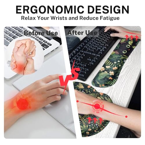 Britimes Green Plants Keyboard Mouse Pad Set Cute Black Cat 4in1 Large Mousepad+Keyboard Wrist Rest+Mouse Wrist Rest+Coaster Ergonomic Design for Home Office Computer 35.4x15.7 inches - color: Cat in the Grass