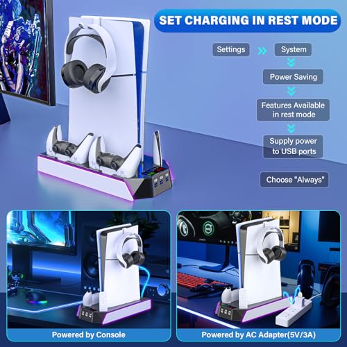 PS5/PS5 Slim Cooling Station with Controller Charging Station for PlayStation 5 Console Disc/Digital, PS 5 Cooling Stand Accessories with LED Light/Charger/Cooler Fan/3 USB Hubs/Headset Holder/Screw