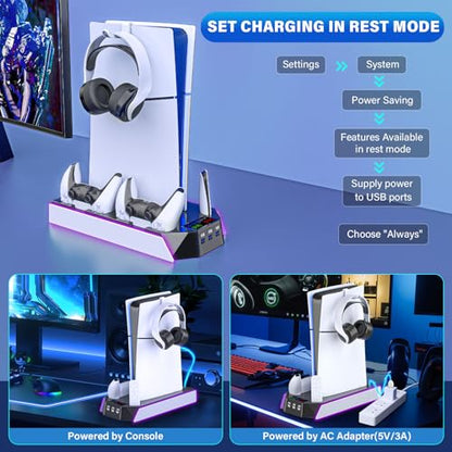 PS5/PS5 Slim Cooling Station with Controller Charging Station for PlayStation 5 Console Disc/Digital, PS 5 Cooling Stand Accessories with LED Light/Charger/Cooler Fan/3 USB Hubs/Headset Holder/Screw