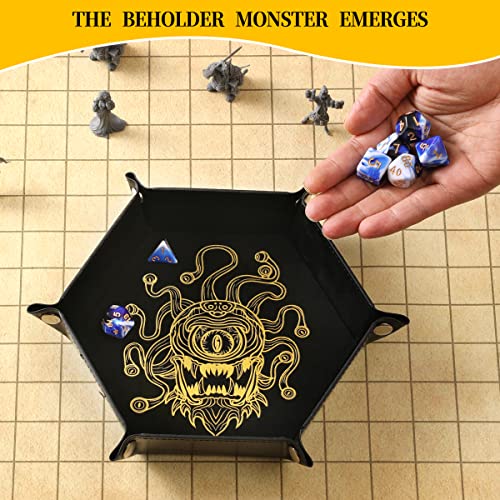 Grajar 2 Pcs Portable Folding Dice Rolling Tray Set for RPG DND Table Games - PU Leather and Velvet Holder Storage Box - Beholder - color: Beholder