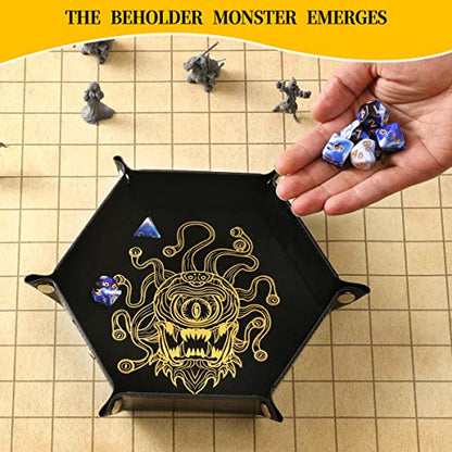 Grajar 2 Pcs Portable Folding Dice Rolling Tray Set for RPG DND Table Games - PU Leather and Velvet Holder Storage Box - Beholder - color: Beholder