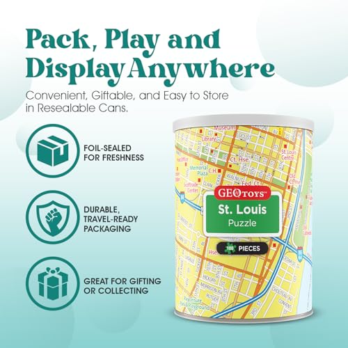 Geotoys St. Louis Mini City Puzzle - 100 Piece Puzzles for Kids and Adults in Portable Can, 13" x 10" Educational Travel Puzzle for Ages 7 and Up - Mini Puzzles to Learn & Explore Geography - style: St. Louis