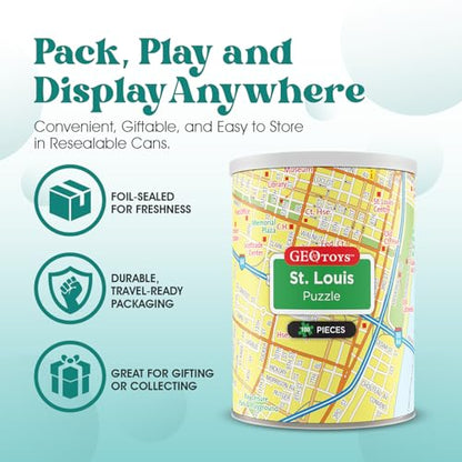 Geotoys St. Louis Mini City Puzzle - 100 Piece Puzzles for Kids and Adults in Portable Can, 13" x 10" Educational Travel Puzzle for Ages 7 and Up - Mini Puzzles to Learn & Explore Geography - style: St. Louis