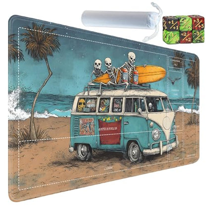 for MTG/TCG Playmat with Zones, 24 x 14 inches Trading Card Playmat with A Storage Bag and 6 Dice, Non-Lip Rubber Bottom Game Desk Mat, Skeleton Surfing with Skeleton - color: Yux-playmats-2-3A-246