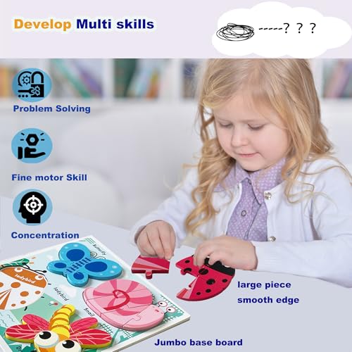 Wooden Chunky Jigsaw Puzzles for 18-24 Months Baby Toddlers Girls Boys Jumbo Base Puzzle Ages1-3 Popular Gifts for Toddler 1+ Year Old - color: Insect