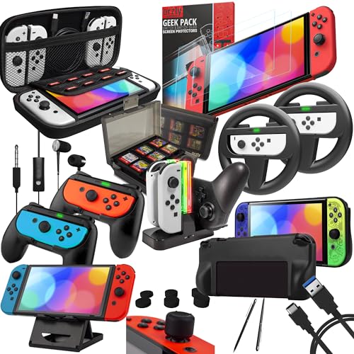 Orzly Accessory Bundle Kit designed for Nintendo switch Accessories Geeks and Oled console users Case and Screen protector, Joycon grips and Wheels for enhanced games play and more - Jet black - color: Jet Black, size: 6.2 inch Switch 1