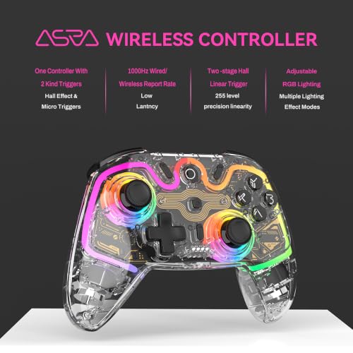ASRVA Wireless Hall Effect Controller, Bluetooth/2.4G/Wired 3 Modes, RGB Transparent Gamepad with Trigger Lock, 6-Axis Gyro, Compatible with Switch/PC/Mac/PS3/Steam Deck/iOS/Android