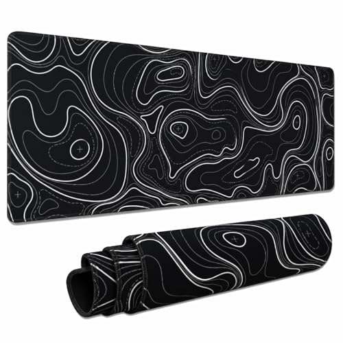 Large Gaming Mouse Pad Black Topographic Contour Mouse Pad Extended XL Long Mousepad Big Desk Mat with Stitched Edges & Nonslip Rubber Base for Company Office Work, 31.5 X 11.8 Inch - color: Black Topographic, size: 31.5" x 11.8"