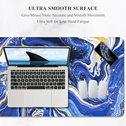 Auhoahsil Large Gaming Mouse Pad, Marble Theme XXL 35.4 x 15.7 in Desk Pad Stitched Non-Slip Rubber Long Computer Mousepad Thin Extended Full Size Desk Mat for Desktop Laptop Wireless Mice, Blue - color: 10 Navy Marble, size: 35.5L x 15.7W inches