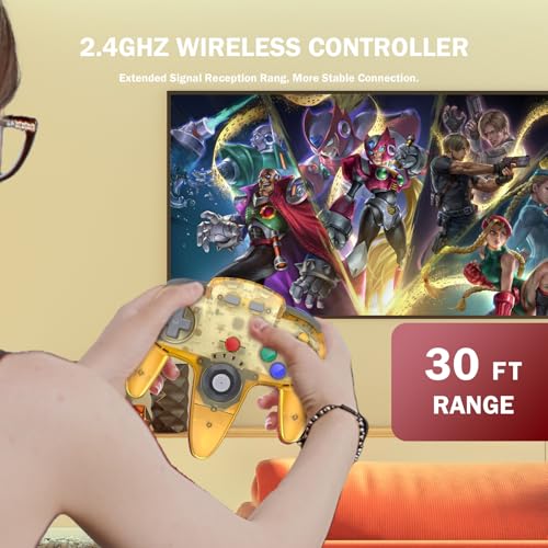 KIWITATA Wireless N64 Controller for Switch Console, 2.4GHZ N64 Remote Joystick Game Controller Compatible with Switch(1,2), Raspberry Pi, MAC, Windows 7/8,10,11 Clear Yellow - color: Clear yellow