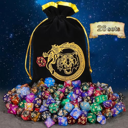 CiaraQ Starry Glitter Polyhedral Dice Set with Drawstring Pouch | 26 acrylic dice sets – 182 pcs total, 7 per set (D4-D20). Lightweight & durable. Great for D&D & tabletop games. Ages 14+. - color: 26 Colors - Starry Sky Style