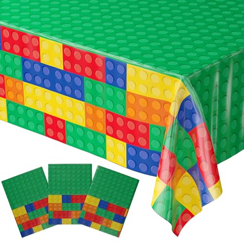 Blue Orchards Brick Table Covers (Pack of 3) - 54"x108" XL - Building Blocks Birthday Tablecloth, Colorful Durable Kid Gamer Theme Party Decoration for Boys, Spill Proof Disposable Plastic Tablecover - color: Brick (Pack of 3)