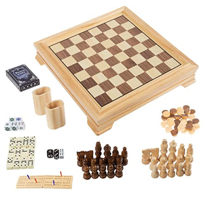 Board Game Set - Deluxe 7-in-1 Classic Board Games - Wood Gaming Center with Storage - Chess, Backgammon, Dominos, Checkers, Dice Set, Cribbage Board, and Playing Cards by Trademark Games - style: 7-in-1 Deluxe