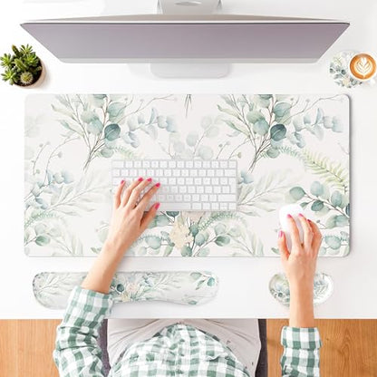 QIYI PU Leather Desk Mat Set, 4-in-1 Ergonomic Wrist Rest, Eucalyptus Leaf | Waterproof Large Mouse Pad 31.5×15.7 + Keyboard Wrist Rest + Mouse Wrist Support+Coaster, Non-Slip Office Gaming Accessories - color: Eucalyptus Leaf