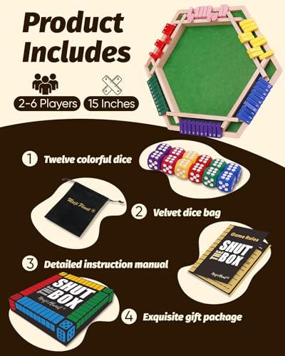 Original Classic Shut The Box Game Wooden Math Dice Board Game 2-6 Players | Table Games for Family Night Classroom Travel, Gifts for Group Kid Adult Senior, Camp Party Bar, Easy Quick and Fun - size: 6P