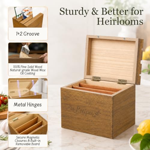 Wooden Recipe Box Set with 50 Cards and 12 Dividers, Solid Pine | Holds 300+ 3x5 and 4x6 recipe cards; 2 removable wood dividers organize recipes for cooking, family keepsakes and gifting - color: Walnut Brown