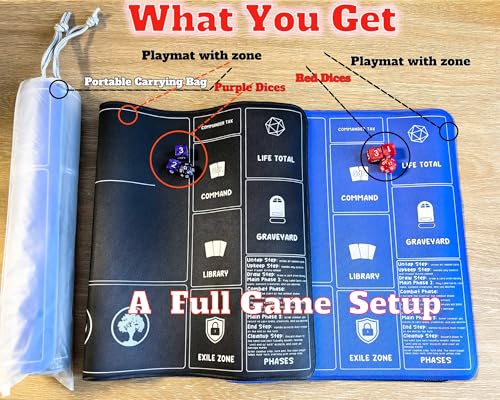 Card Game Playmats MTG Playmat for Beginner 2 Pack with Dices, Magic Mat Commander Deck Card Playmat for TCG MTG Accessories Play Mat 24x14 Inches Duel Card Battles, Black/Blue - color: Black+blue