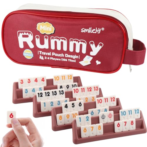 Smilejoy Mini Rummy Cube 4 Players Edition,Travel Rummy Game Set with Portable Canvas Bag,Classic Board Game for Adults and Kids |106 Tiles | 4 Playing Racks |1 Dice | (2-4 Player) | Travel carry bag,4 Hold racks, 2 jokers, 106 Color Melamine tiles, Trave