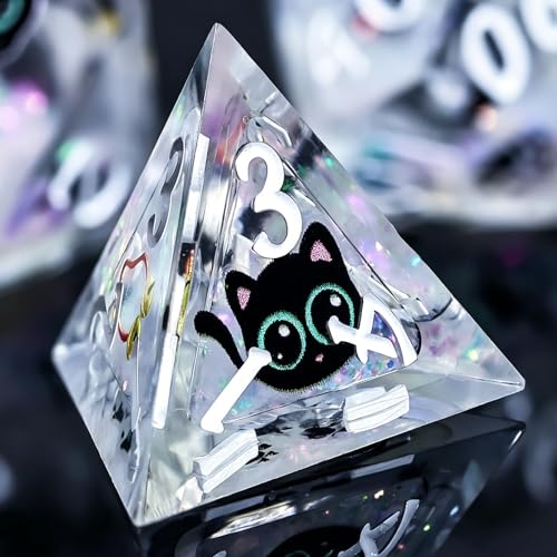 WizardsAracanum Cat Liquid Quicksand DND Dice Set Resin 7Pcs Dice DND with an Iron Box for DND COC Role Playing dice Games and Board Games Gift (Glitter Rainbow Cat) - color: Rainbow Giltter Cut Cat