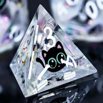 WizardsAracanum Cat Liquid Quicksand DND Dice Set Resin 7Pcs Dice DND with an Iron Box for DND COC Role Playing dice Games and Board Games Gift (Glitter Rainbow Cat) - color: Rainbow Giltter Cut Cat