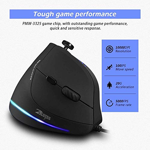 zelotes Wired Gaming Mouse with Joystick,10000DPI,11 Programmable Buttons,RGB,USB Optical Corded Vertical Ergonomic Mouse,Mice for Laptop,PC,Mac,Black