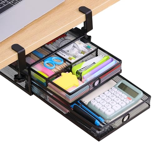 2-Tier Clamp-On Mesh Organizer, Under Desk Storage with Slide-Out Tray, No Drilling Tool-Free Installation, Durable Rust-Resistant Metal, Large-Capacity Organizer. - color: Black - 2 Tier