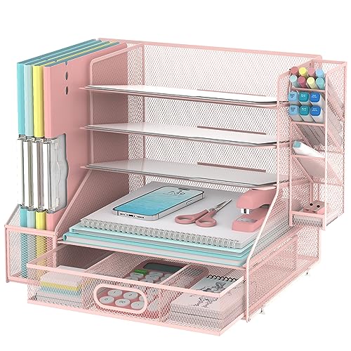Desk Organizer with 5 Tier File Holder and Sliding Drawer Pen Holder Pink | Paper Letter Tray with 3 Tilted File Sorters to Keep Desk Accessories and Office Supplies within Reach - color: Pink