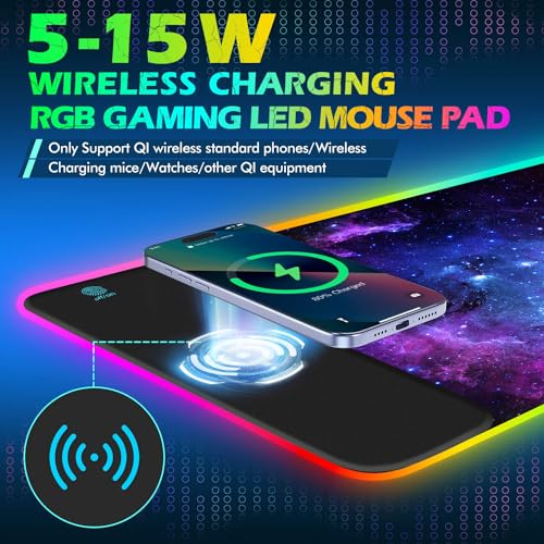 ToLuLu RGB Gaming Wireless Charging Mouse Pad, 7.5/10/15W 10 Light Modes LED Mouse Pad Computer Keyboard Mat Mousepad, 800x300x4MM Extended Large Desk Mat for MacBook, Laptop, PC, Purple Galaxy Space - color: Purple Galaxy Space