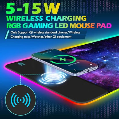ToLuLu RGB Gaming Wireless Charging Mouse Pad, 7.5/10/15W 10 Light Modes LED Mouse Pad Computer Keyboard Mat Mousepad, 800x300x4MM Extended Large Desk Mat for MacBook, Laptop, PC, Purple Galaxy Space - color: Purple Galaxy Space