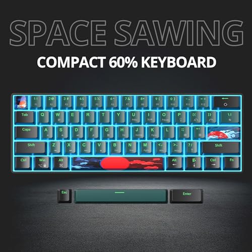 Protable 60% Percent Gaming Keyboard Mechanical, Mini Compact Ice-Blue LED Backlit 61 Keys Wired Office Keyboard with Red Switch for Mac/Win/PS4/PS5（61Green/Red Switch） - color: Ice-blue 61Green/Red Switch