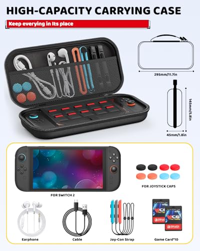 Switch 2 Slim Hard Shell Carry Case for Nintendo Switch 2 2025/Switch/OLED | Hard Shell Carrying Case with Soft Lining, 10 Card Slots, Durable Ballistic Nylon, Soft Silicone Handle, Switch2 Carry Case - color: Black