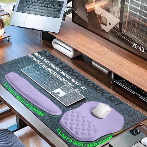 2-in-1 Ergonomic Set, Wave Keyboard Wrist Rest and Massage Slope Mouse Pad Wrist Support, Rebound Memory Foam for Relieve Carpal Tunnel Syndrome and Wrist Pain (Lavender Purple) - color: Lavender Purple