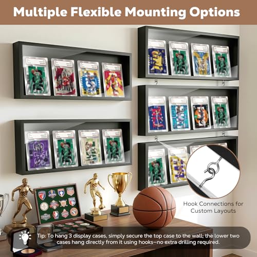MoKo Card Display Case, 3-Pack Wall Mount for 12 Graded Cards | Clear acrylic and pine trading card display case with side access; use each case alone or combine as a graded card display - color: Black