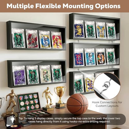 MoKo Card Display Case, 3-Pack Wall Mount for 12 Graded Cards | Clear acrylic and pine trading card display case with side access; use each case alone or combine as a graded card display - color: Black