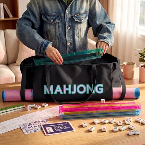Abbylike 28x9 Inches Mahjong Bag for Rolled Mat Tiles Racks Pushers Accessories Empty Mahjong Tote Bag with Zipper Closure Outer Pockets Lining Large Capacity(Black,Canvas) - color: Black