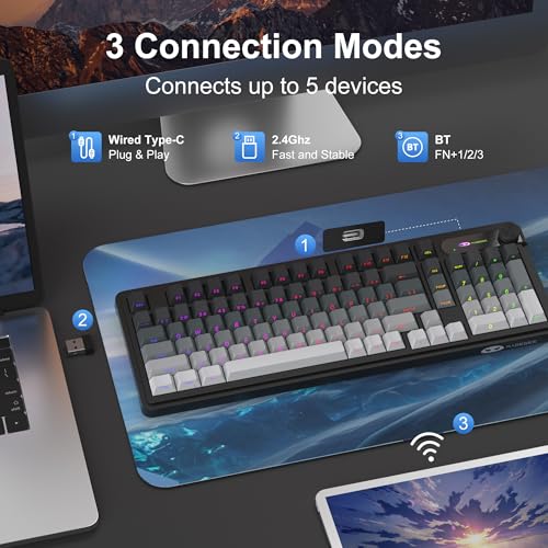 MageGee GK960 Wireless Keyboard, 98 Keys Tri-Mode BT/2.4G/Wired Membrane Gaming Keyboard, RGB Creamy Keyboard with Number Pad, Knob Control, Side Printed Keycaps, 4000mAh Battery - Black & Gray - color: Black & Gray