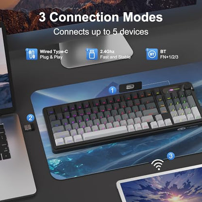 MageGee GK960 Wireless Keyboard, 98 Keys Tri-Mode BT/2.4G/Wired Membrane Gaming Keyboard, RGB Creamy Keyboard with Number Pad, Knob Control, Side Printed Keycaps, 4000mAh Battery - Black & Gray - color: Black & Gray