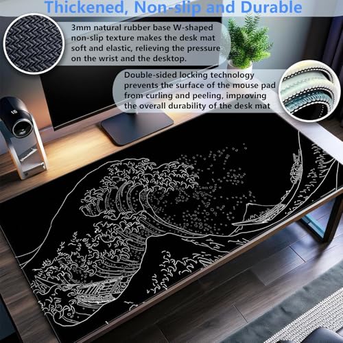 Great Wave Desk Mat, Black White Line Art Large Gaming Mousepad | Minimalist black and white wave desk pad with 3mm dense cushion, smooth cloth top, and non-slip rubber foundation. - color: Ukiyo-e of the Waves